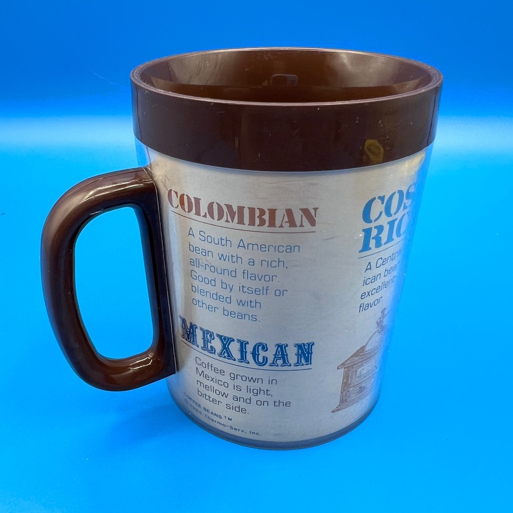 Vintage Thermo-Serv Coffee Mug Insulated Plastic Bean Origins Made in USA Brown